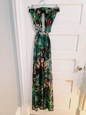 Tropical Strapless Maxi Dress in Green Floral